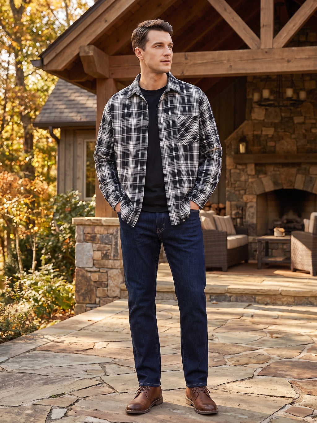Man wearing a Black plaid Flannel Shirt with a chest pocket outside a rustic cabin.
