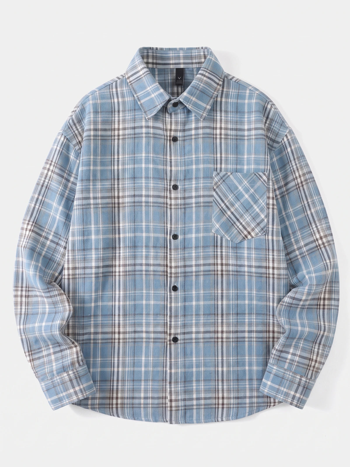 Blue plaid flannel shirt laid flat, featuring long sleeves, a button-front collar, and chest pocket.