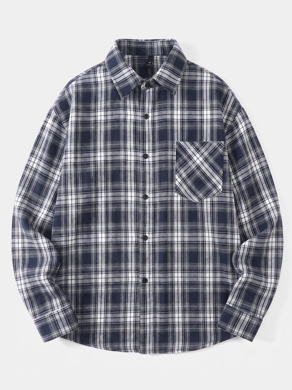 Navy plaid flannel shirt laid flat, featuring long sleeves, a button-front collar, and a chest pocket.