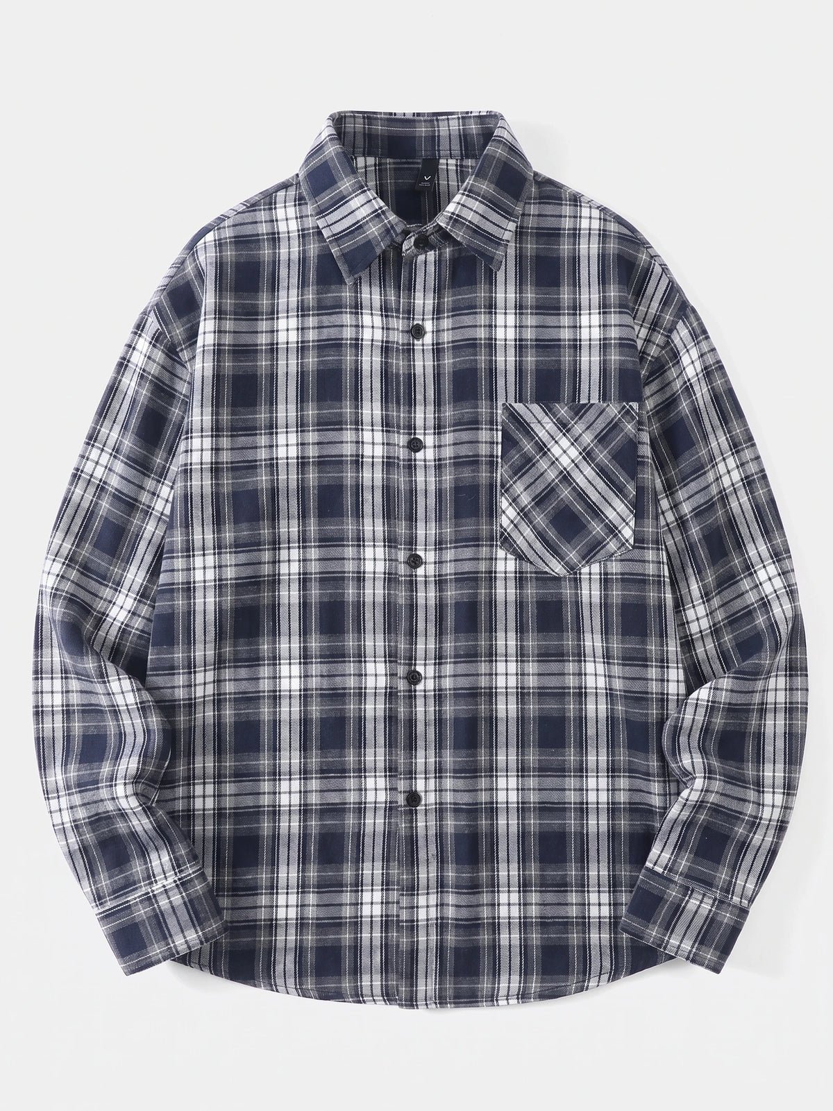 Navy plaid flannel shirt laid flat, featuring long sleeves, a button-front collar, and a chest pocket.