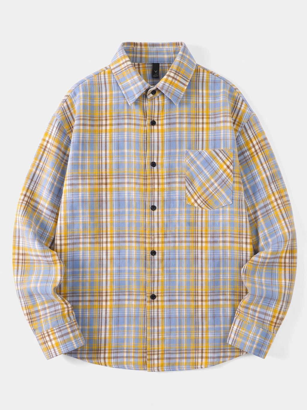 Yellow plaid flannel shirt laid flat, featuring long sleeves, a button front, pointed collar, and chest pocket.
