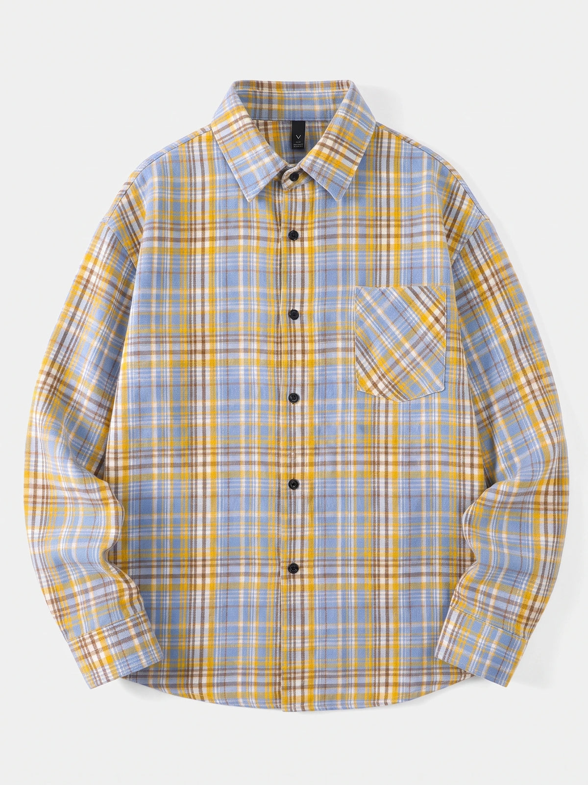 Yellow plaid flannel shirt laid flat, featuring long sleeves, a button front, pointed collar, and chest pocket.