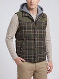 Front studio view of a model wearing a Green plaid Puffer Vest with a zip-and-snap front and angled pockets.