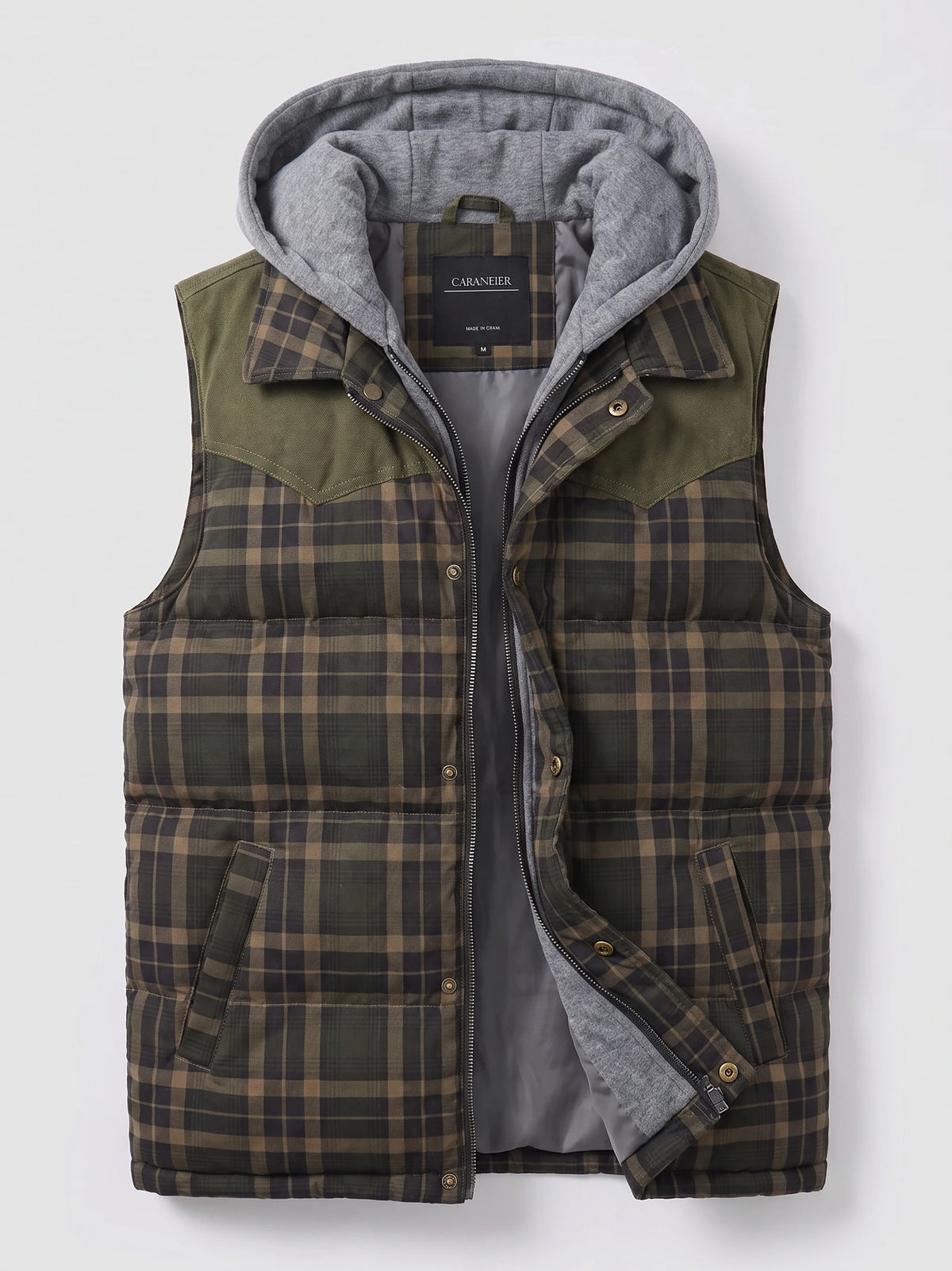 Green plaid Puffer Vest laid flat with a hood, zip-and-snap front, and angled pockets.