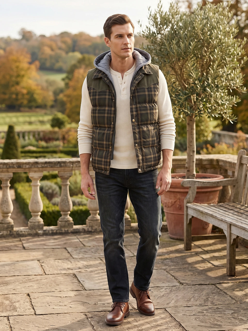 Man wearing a Green plaid hooded Puffer Vest while walking on a garden terrace.