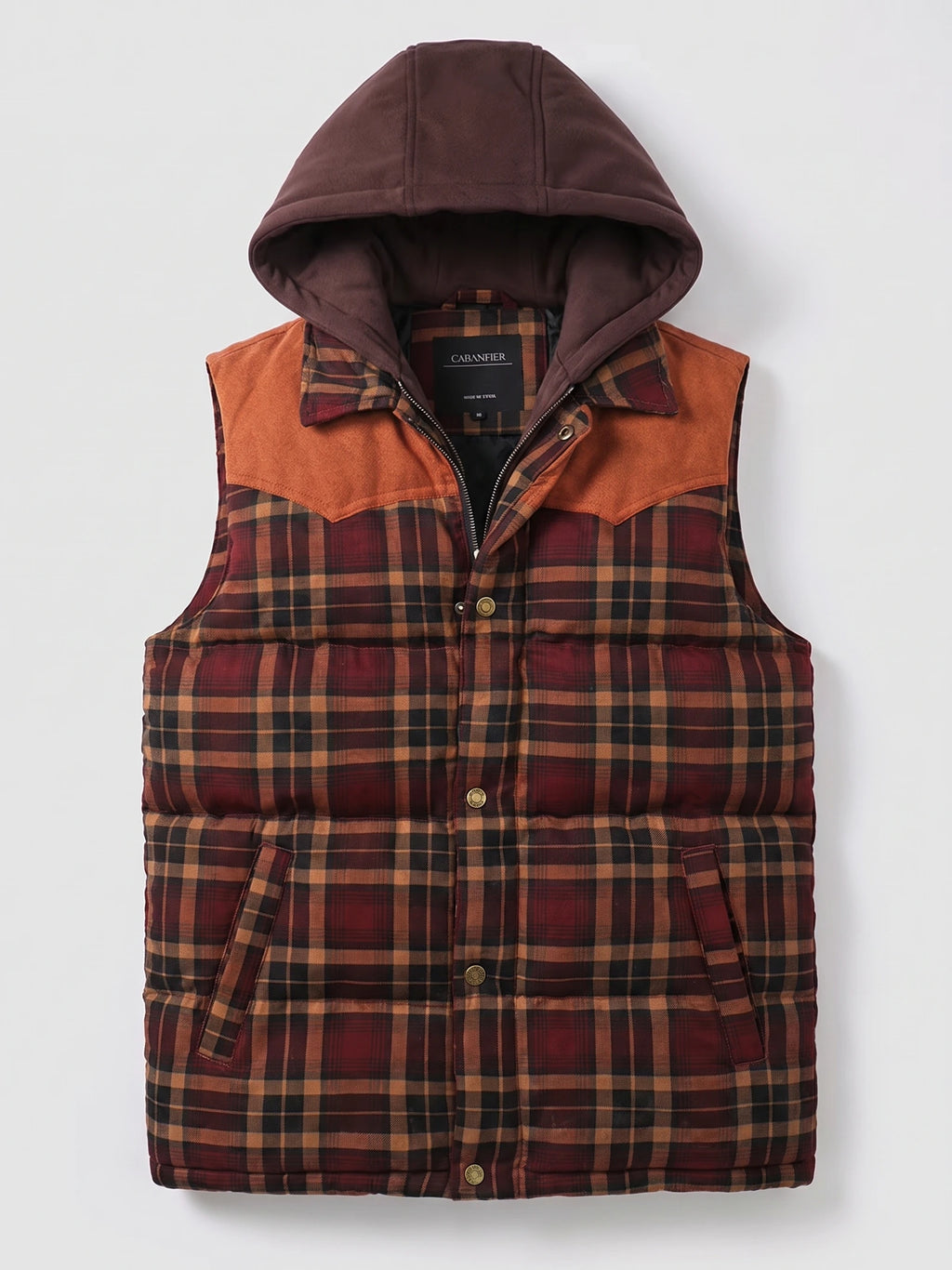 Red plaid Puffer Vest laid flat, featuring a hood, snap-and-zip front closure, and angled front pockets.