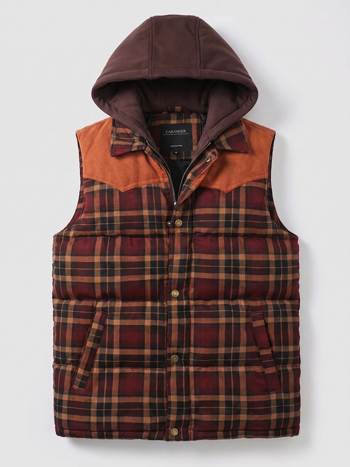 Red plaid Puffer Vest laid flat, featuring a hood, snap-and-zip front closure, and angled front pockets.