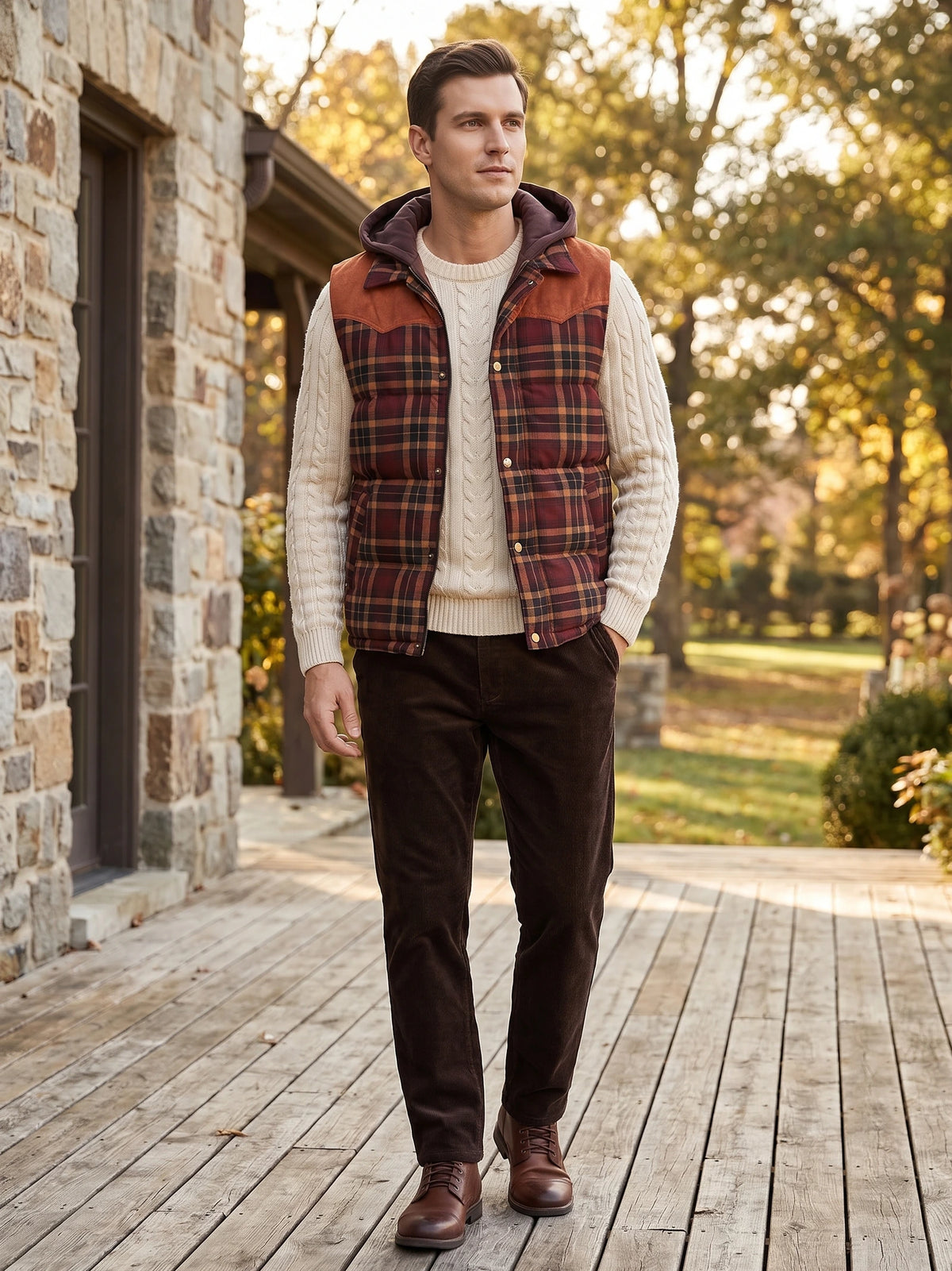 Man wearing a Red plaid hooded Puffer Vest while walking on a wooden porch beside a stone house.