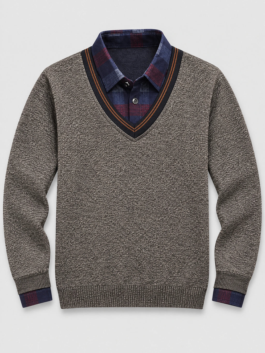 Brown men’s Sweater Pullover laid flat, featuring a textured knit, V-neck trim, and plaid collar and cuffs.