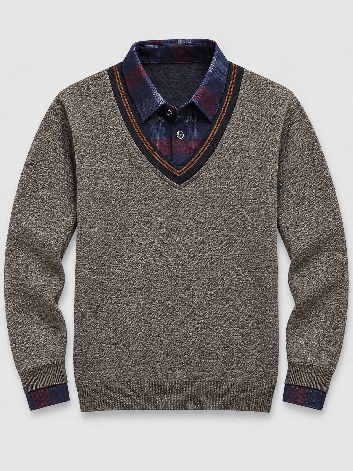Brown men’s Sweater Pullover laid flat, featuring a textured knit, V-neck trim, and plaid collar and cuffs.