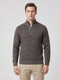 Front studio view of a model wearing a Brown Quarter Zip Sweater with a ribbed mock neck and cuffs.
