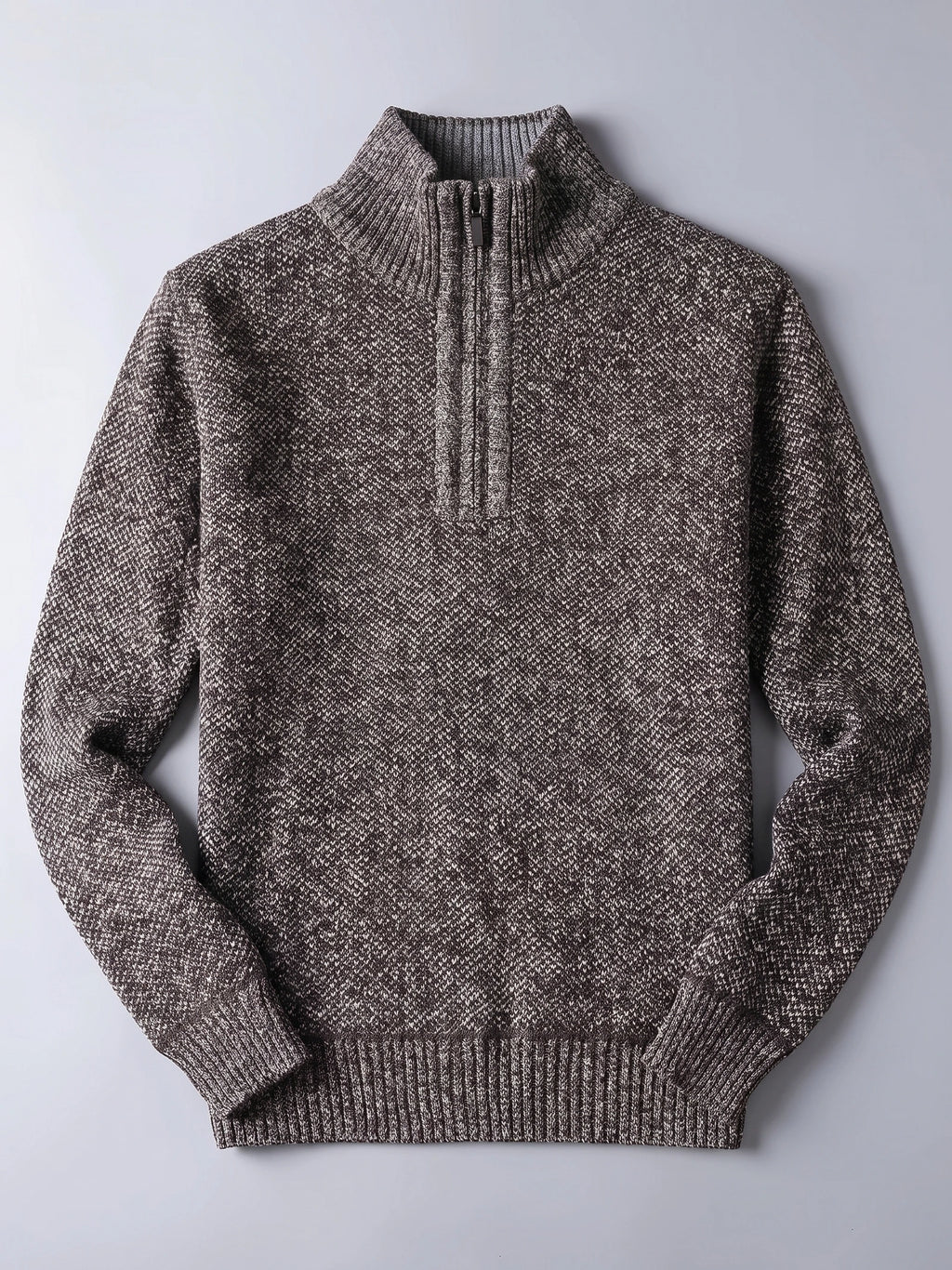 Brown men's quarter zip sweater laid flat, featuring a ribbed mock neck, textured knit body, and ribbed cuffs and hem.
