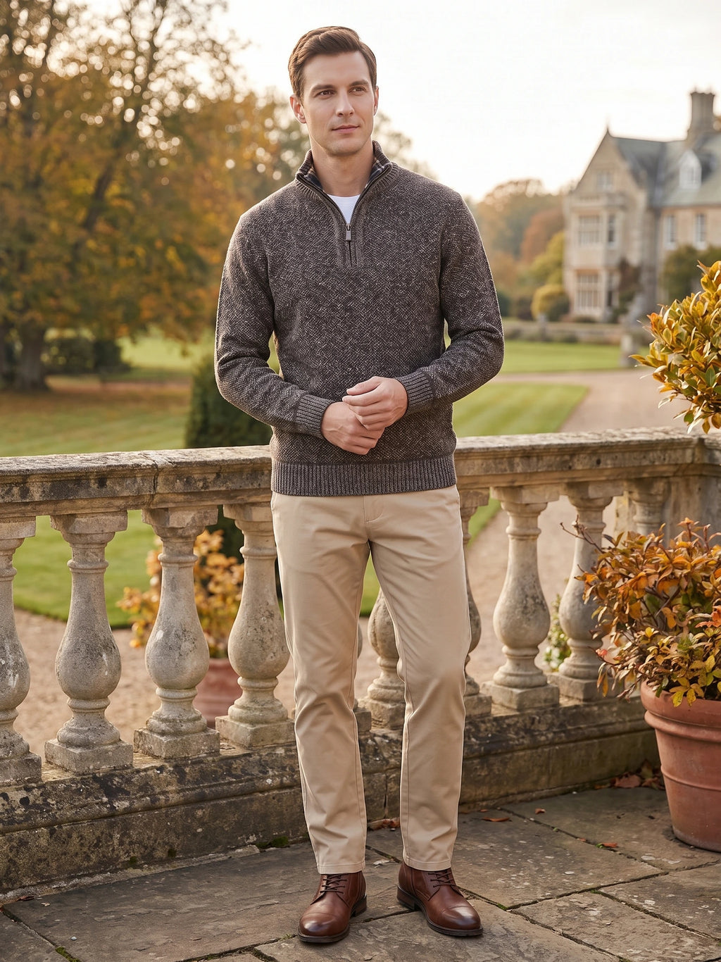 Model wearing a Brown Quarter Zip Sweater with ribbed cuffs and hem on a stone terrace overlooking a garden.