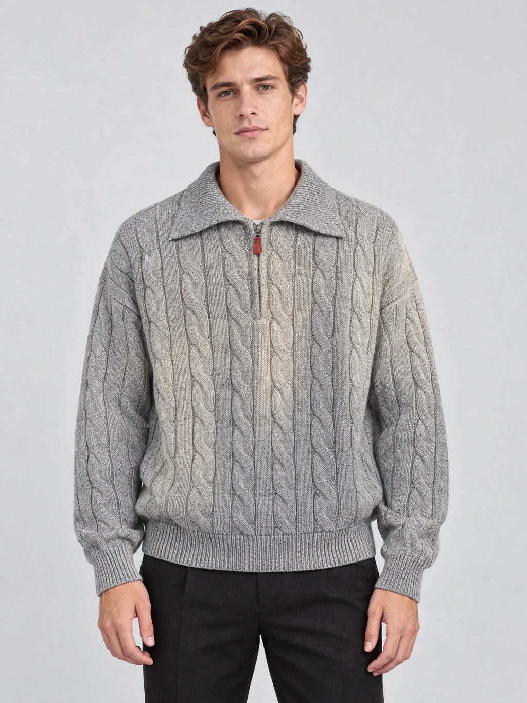 Front studio view of a model wearing a Gray cotton Quarter Zip Sweater with cable-knit texture and a wide polo collar.