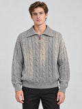 Front studio view of a model wearing a Gray cotton Quarter Zip Sweater with cable-knit texture and a wide polo collar.