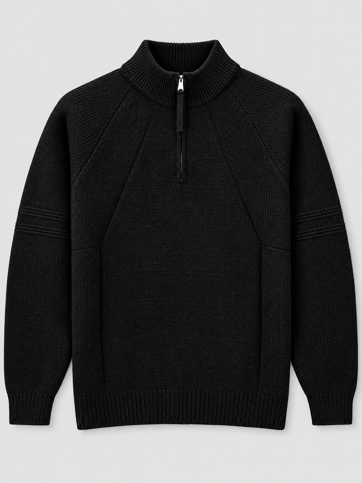 Black men's quarter zip sweater laid flat, featuring a ribbed stand collar, textured knit panels, and ribbed cuffs and hem.