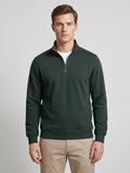Front studio view of a model wearing a Green quarter zip sweater with a stand collar and long sleeves.