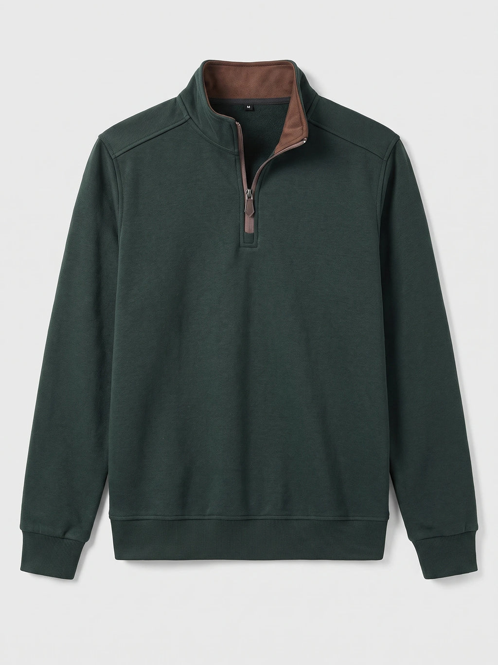 Green men's quarter zip sweater laid flat, featuring a stand collar, contrast inner collar, long sleeves, and ribbed cuffs and hem.