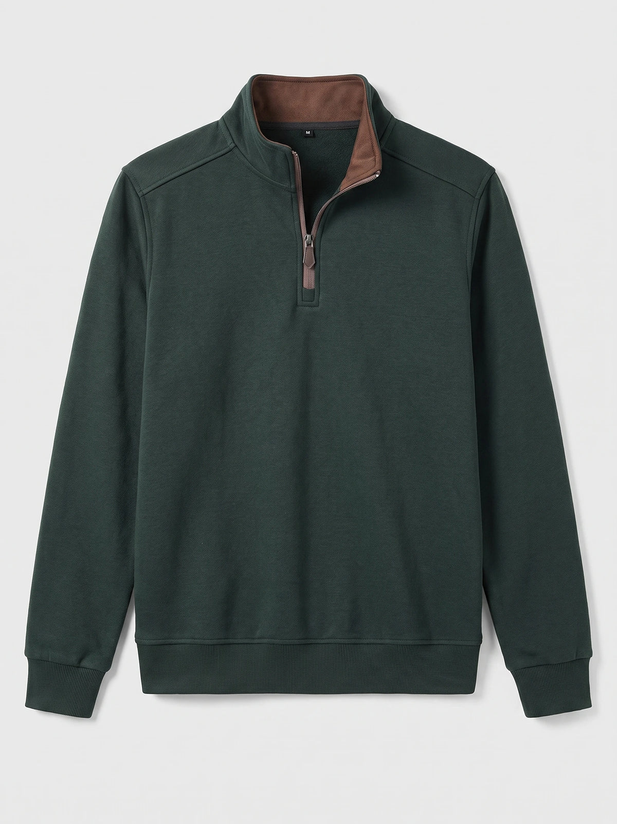 Green men's quarter zip sweater laid flat, featuring a stand collar, contrast inner collar, long sleeves, and ribbed cuffs and hem.