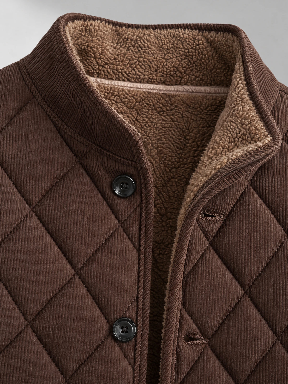 Close-up of the Brown Quilted Field Jacket showing a corduroy-style quilted shell, fleece-lined collar, and button-front closure.