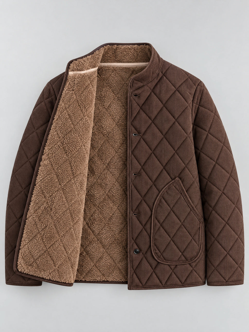 Brown quilted field jacket laid flat with an open front showing its fleece lining, button closure, and patch pocket.