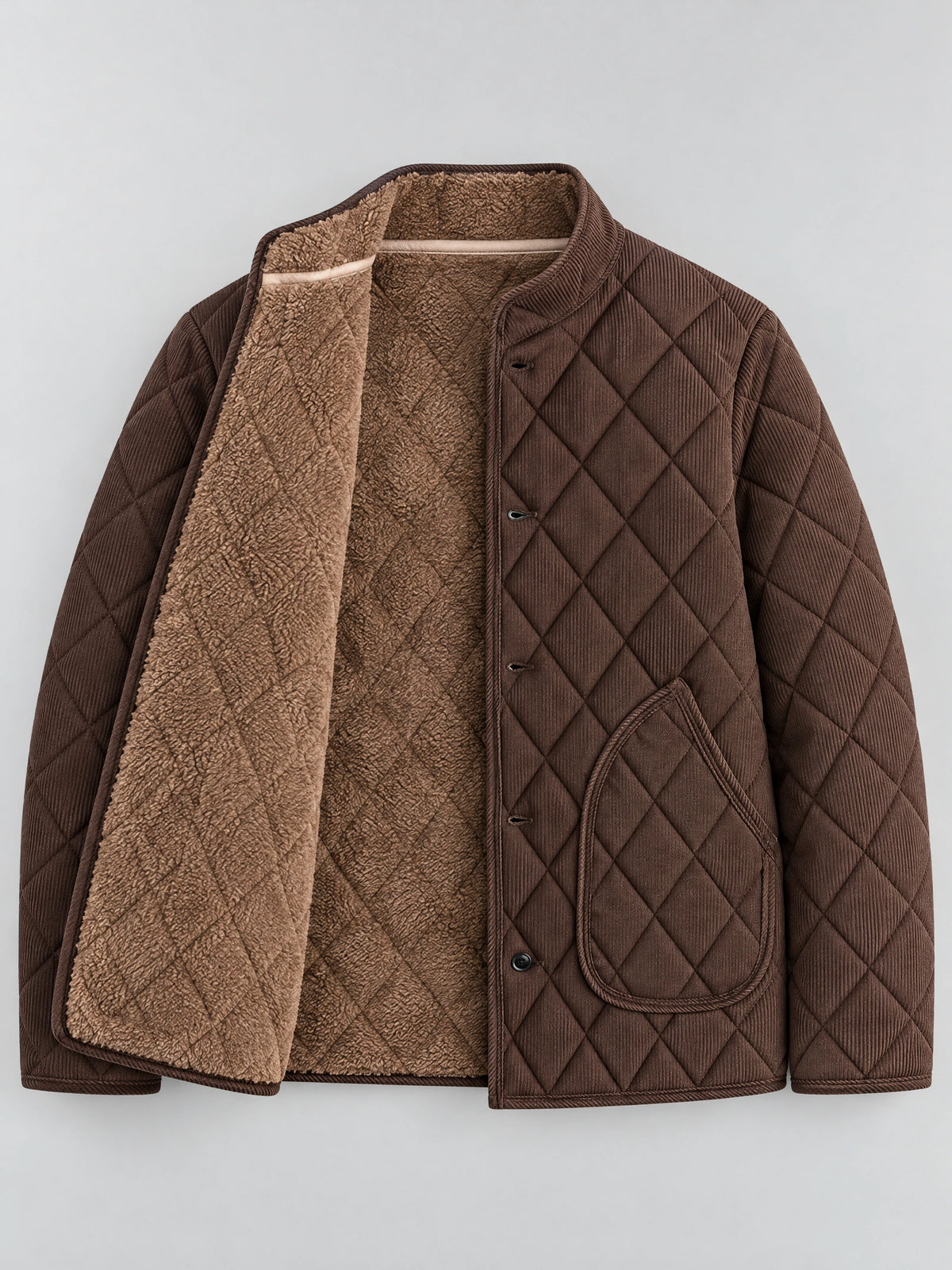 Brown quilted field jacket laid flat with an open front showing its fleece lining, button closure, and patch pocket.