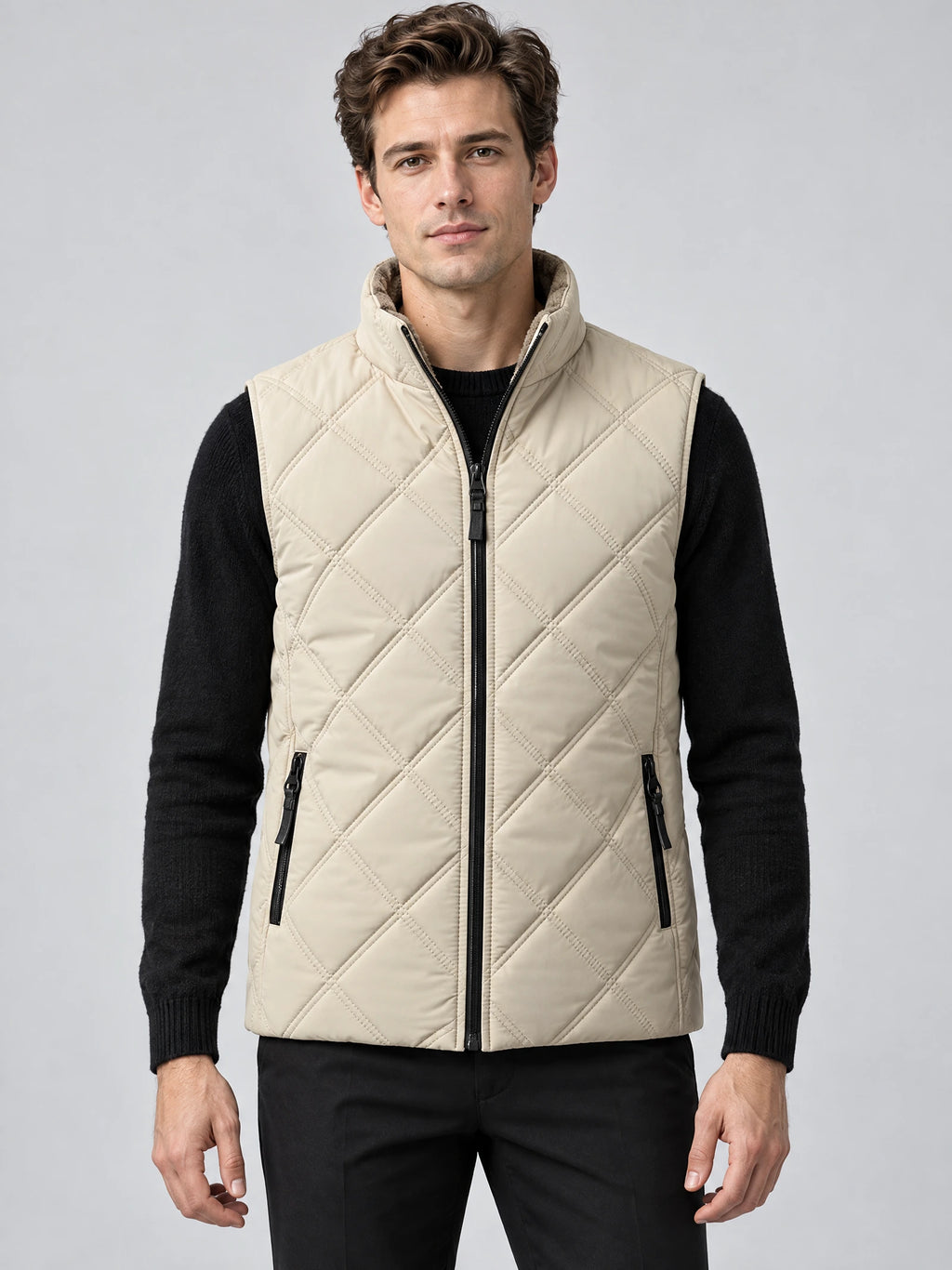 Front studio view of a model wearing a Beige Quilted Puffer Vest with diamond stitching, a zip front, and zippered pockets.