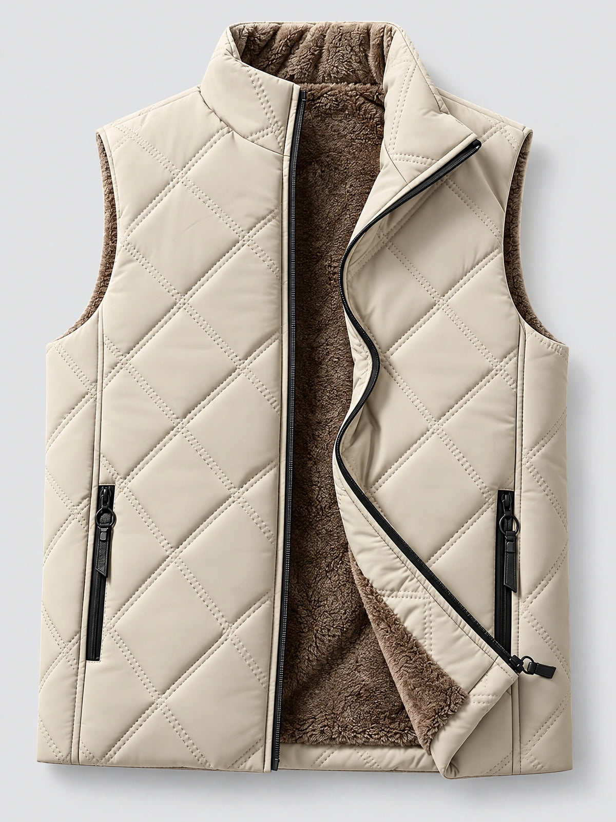 Beige quilted puffer vest laid flat with a partially unzipped front revealing fleece lining and zippered pockets.