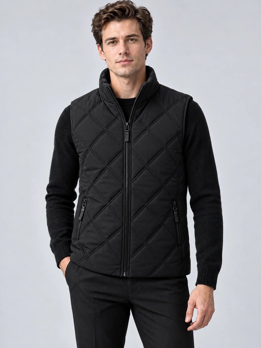 Front studio view of a model wearing a Black Quilted Puffer Vest with diamond quilting, zip front, stand collar, and zip pockets.