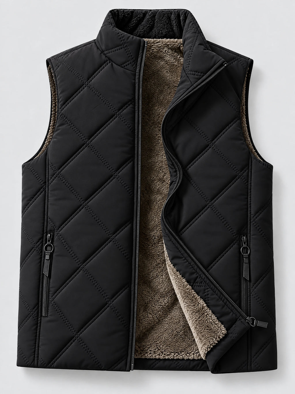 Black quilted puffer vest laid flat with an open front zipper, fleece lining, stand collar, and zippered pockets.