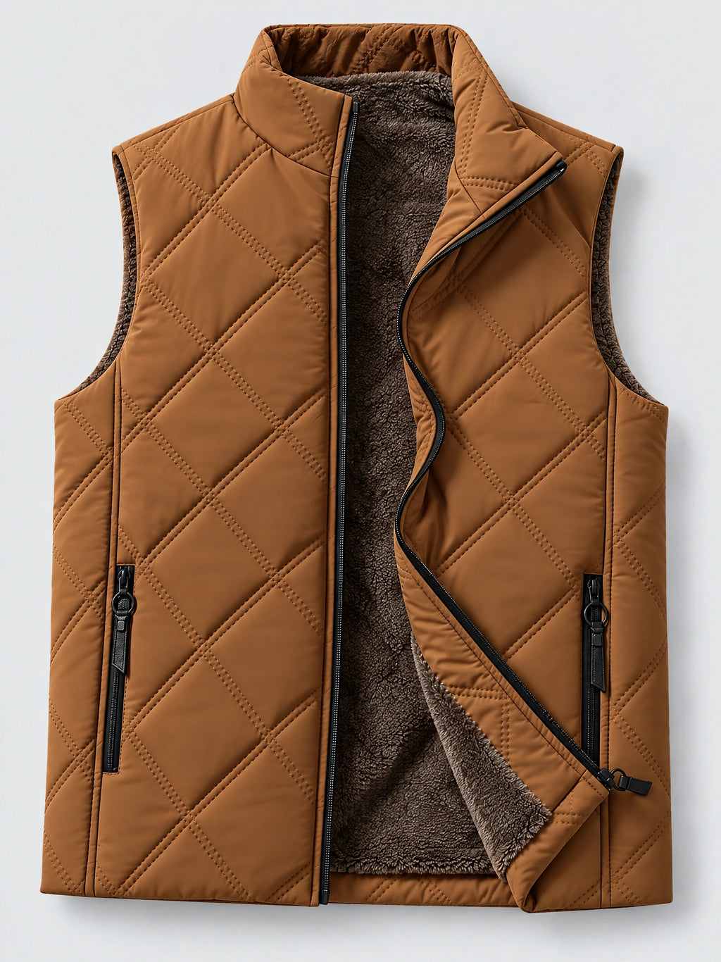 Brown quilted puffer vest laid flat with an open front zipper, fleece lining, stand collar, and zippered pockets.