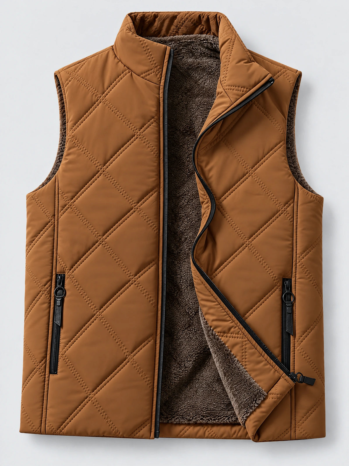 Brown quilted puffer vest laid flat with an open front zipper, fleece lining, stand collar, and zippered pockets.