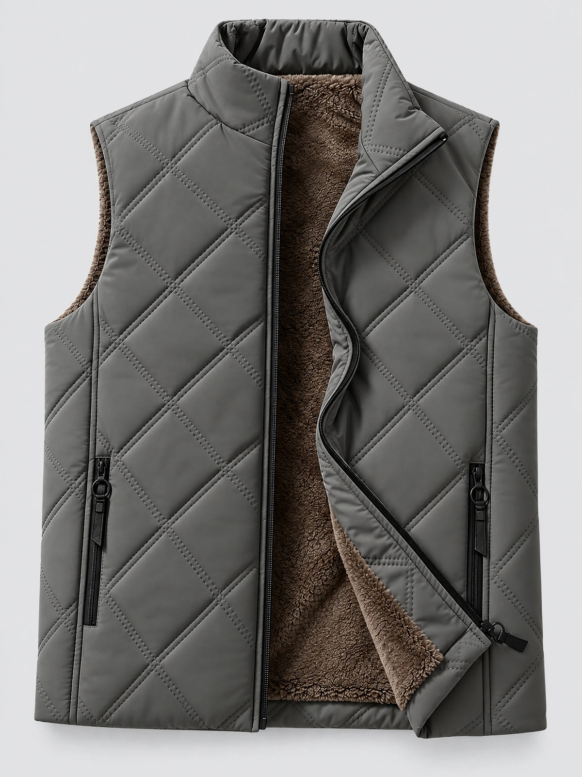Gray Quilted Puffer Vest laid flat with diamond quilting, zip pockets, and visible fleece lining.