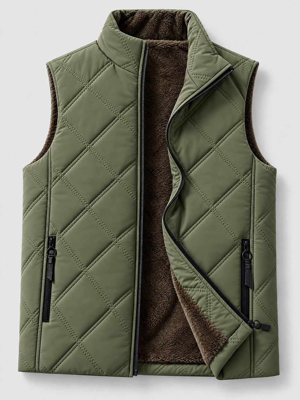 Green quilted puffer vest laid flat with a partially open front zipper revealing fleece lining and zippered pockets.