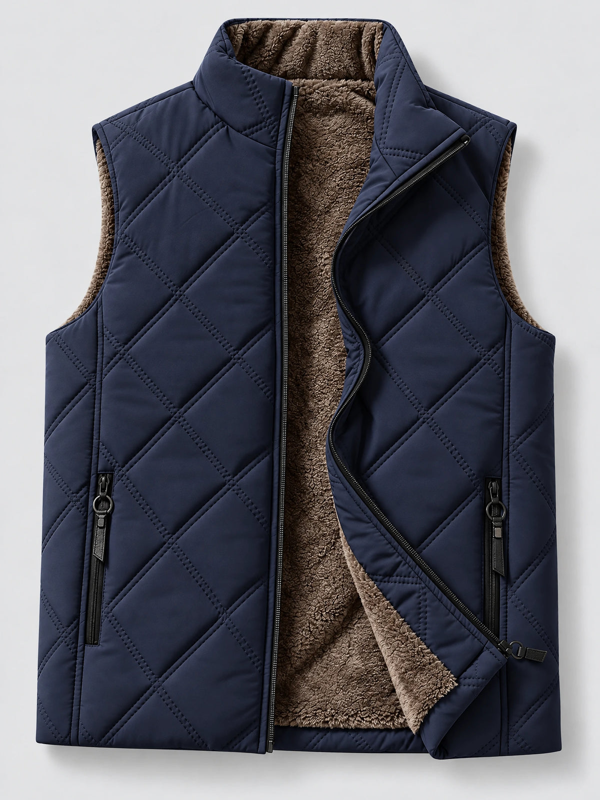 Navy quilted puffer vest laid flat with a partially unzipped front, zippered pockets, and fleece-lined interior.
