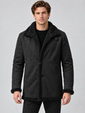 Front studio view of a model wearing a Black Sherpa-lined jacket with a wide collar, button closure, and trim at the cuffs and hem.