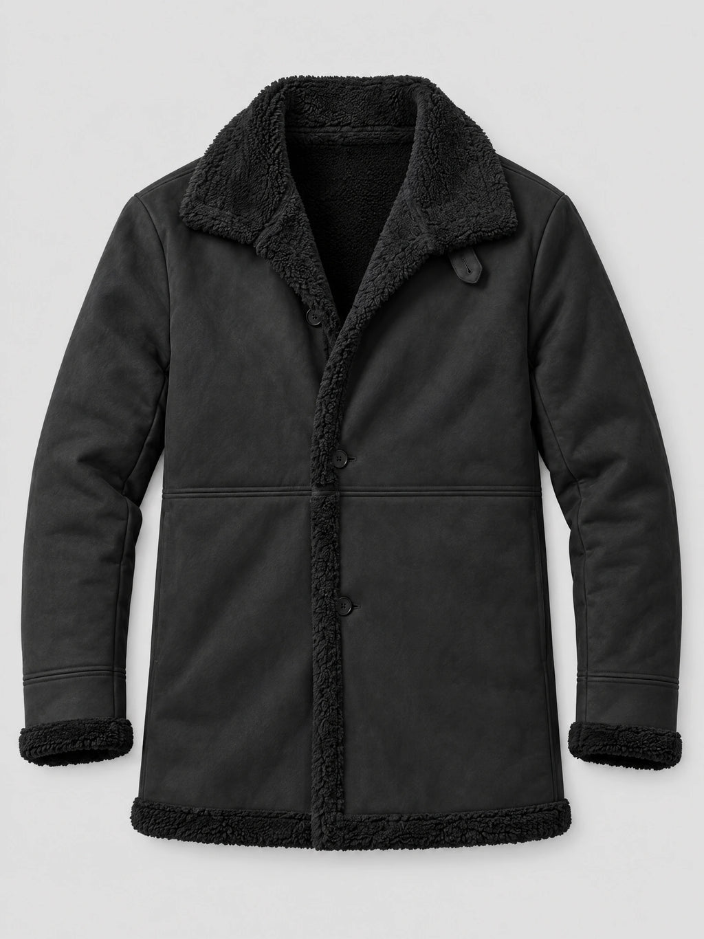 Black Sherpa-lined jacket laid flat, showing the front button closure, wide collar, cuff trim, and hem trim.