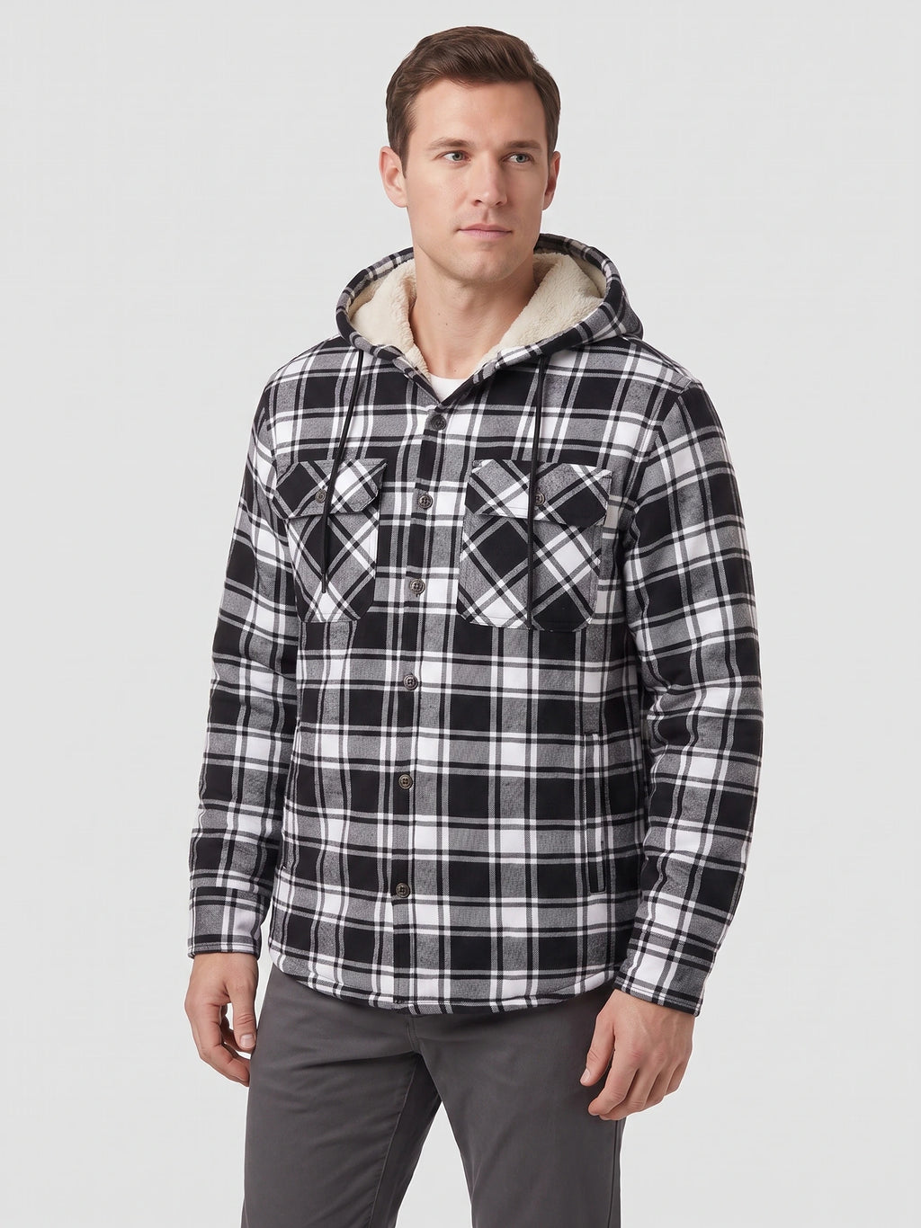 Model wearing a Black Sherpa Lined Jacket with a hood, button-front closure, and chest flap pockets in a front studio view.