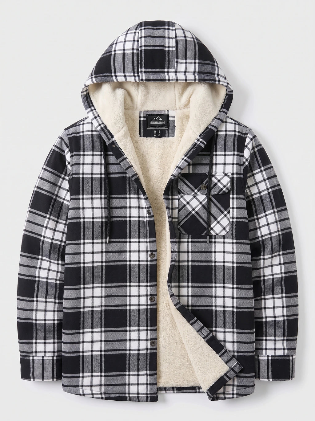 Black Sherpa Lined Jacket laid flat with a hood, plaid exterior, button-front closure, and chest flap pocket.