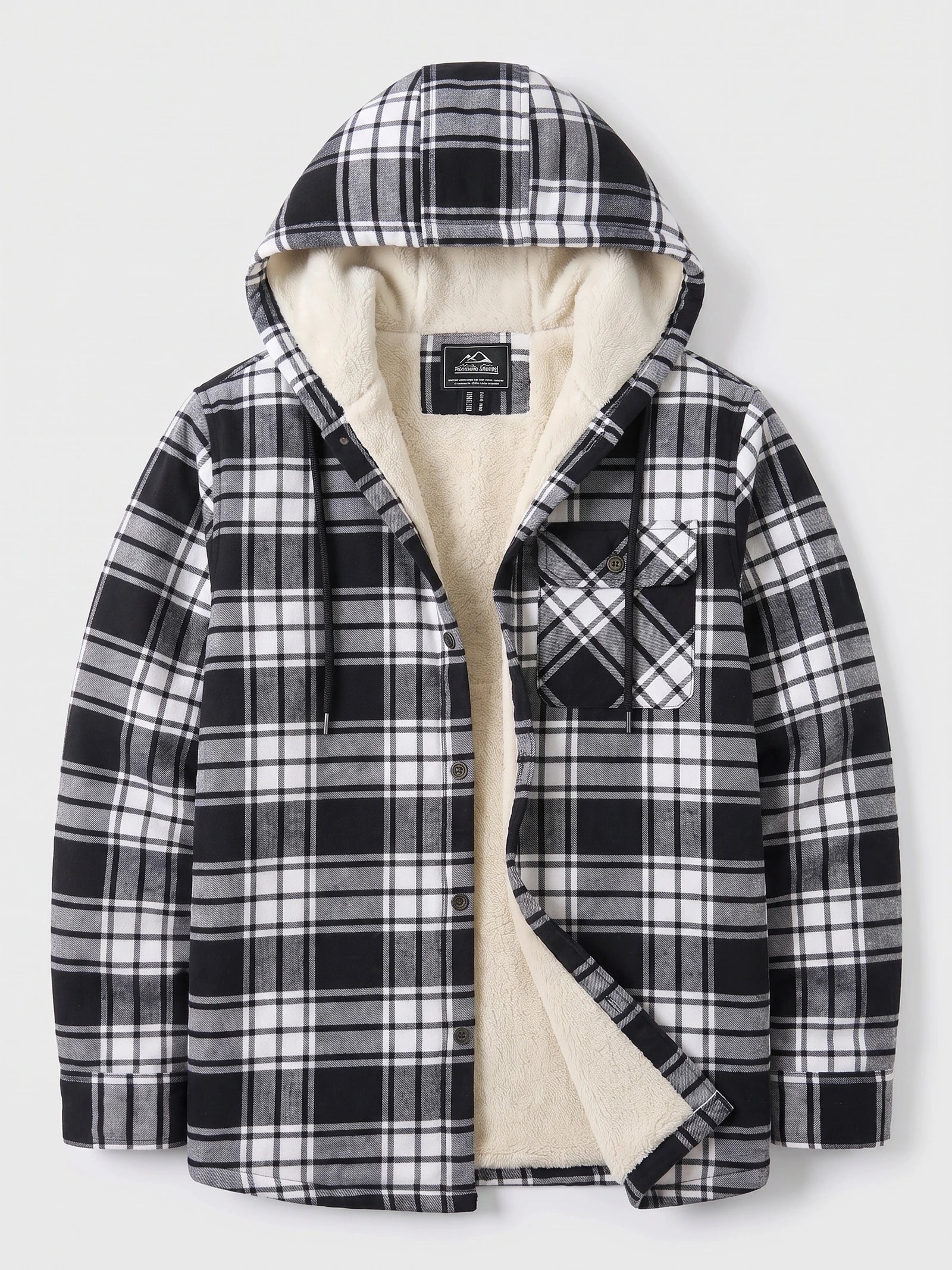 Black Sherpa Lined Jacket laid flat with a hood, plaid exterior, button-front closure, and chest flap pocket.