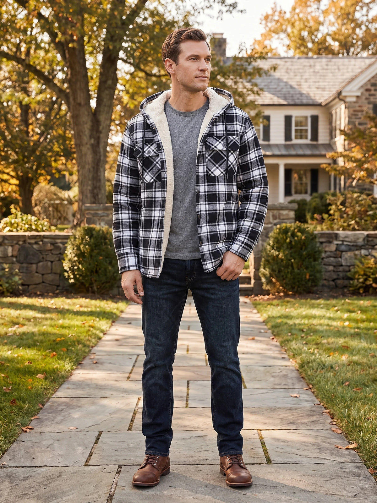 Man wearing a Black Sherpa Lined Jacket with a hood and chest pockets on a tree-lined walkway outside a home.