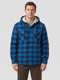 Front studio view of a model wearing a Blue plaid Sherpa Lined Jacket with a hood, button front, and flap chest pockets.