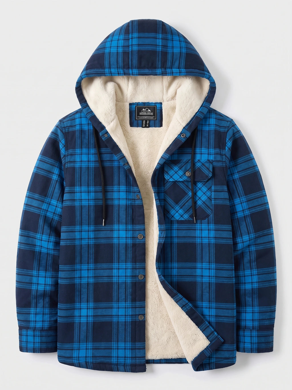 Blue plaid Sherpa Lined Jacket laid flat with a hood, button-front closure, chest pockets, and exposed lining.