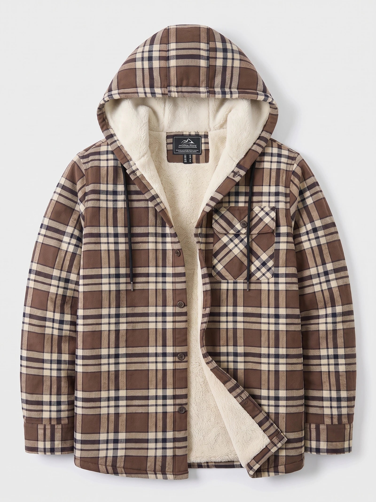 Brown Sherpa Lined Jacket laid flat with a hood, button-front plaid exterior, chest pocket, and exposed sherpa lining.