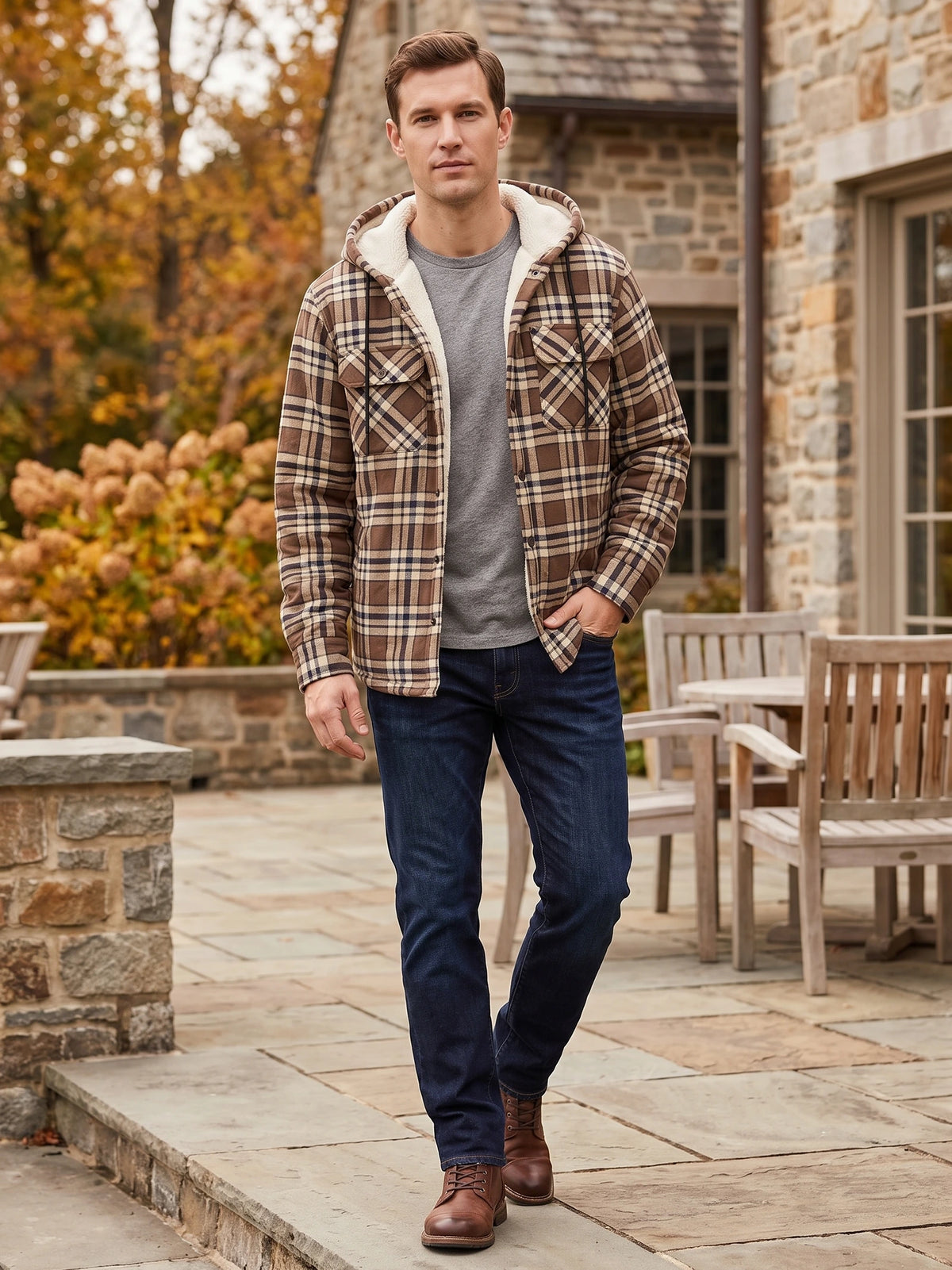 Man wearing a Brown Sherpa Lined Jacket with a hood and chest pockets while walking on a stone patio.