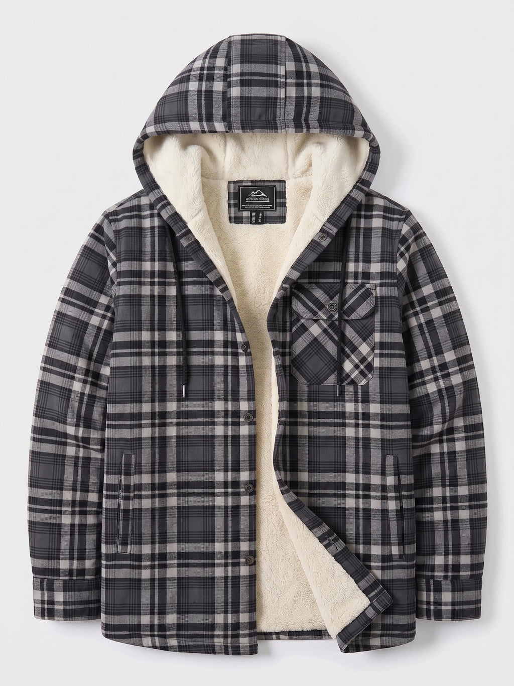 Gray plaid Sherpa Lined Jacket laid flat with an open hood, button front, chest flap pocket, and visible lining.