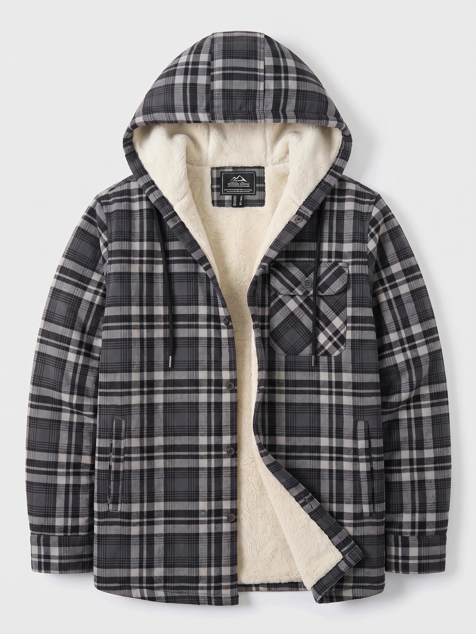 Gray plaid Sherpa Lined Jacket laid flat with an open hood, button front, chest flap pocket, and visible lining.