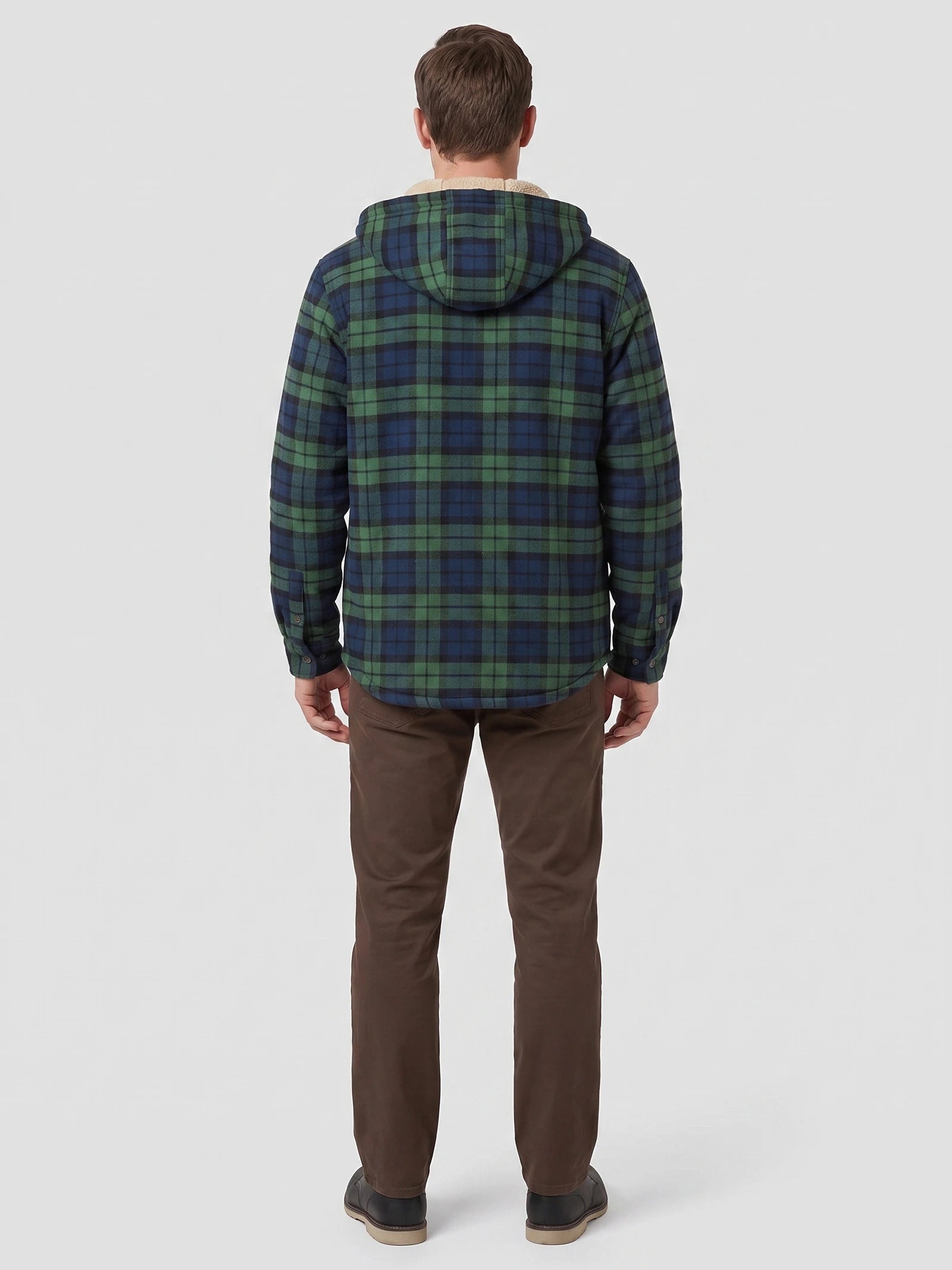 Rear view of a model wearing a Green plaid Sherpa Lined Jacket with a hood in a studio.
