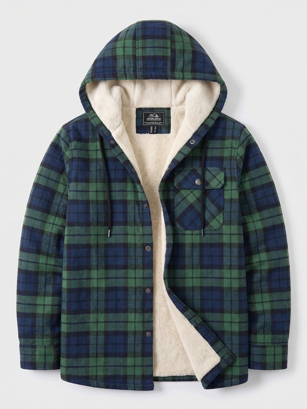 Green plaid Sherpa Lined Jacket laid flat with an open hood, button front, drawstrings, and chest pocket.