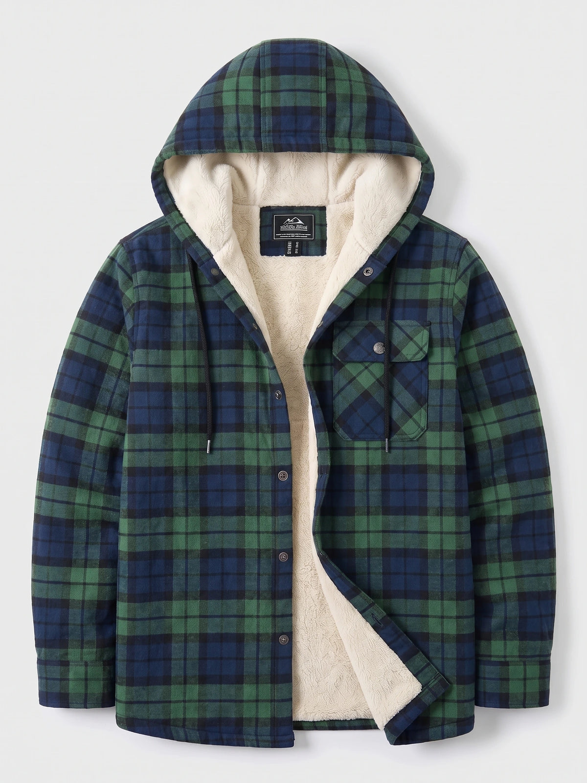 Green plaid Sherpa Lined Jacket laid flat with an open hood, button front, drawstrings, and chest pocket.